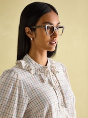Joules Harper Check Cotton Tie Neck Blouse - Image 3 of 6