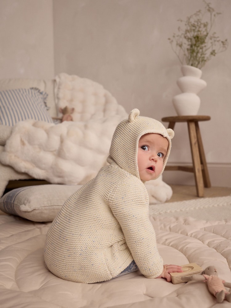 Ecru Neppy Knitted Hooded Baby Cardigan - Image 3 of 9