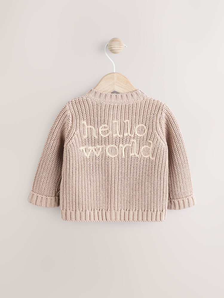 Hello World Neutral Chunky Knitted Embroidered Baby Cardigan - Image 1 of 1