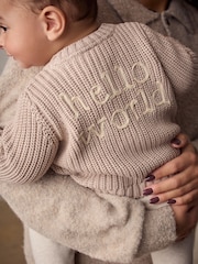 Hello World Neutral Chunky Knitted Embroidered Baby Cardigan - Image 2 of 9