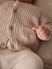 Hello World Neutral Chunky Knitted Embroidered Baby Cardigan - Image 3 of 9