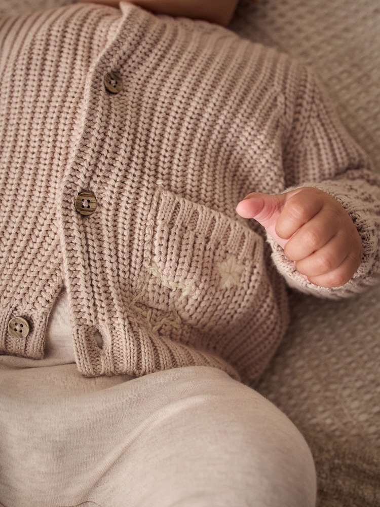 Hello World Neutral Chunky Knitted Embroidered Baby Cardigan - Image 3 of 9