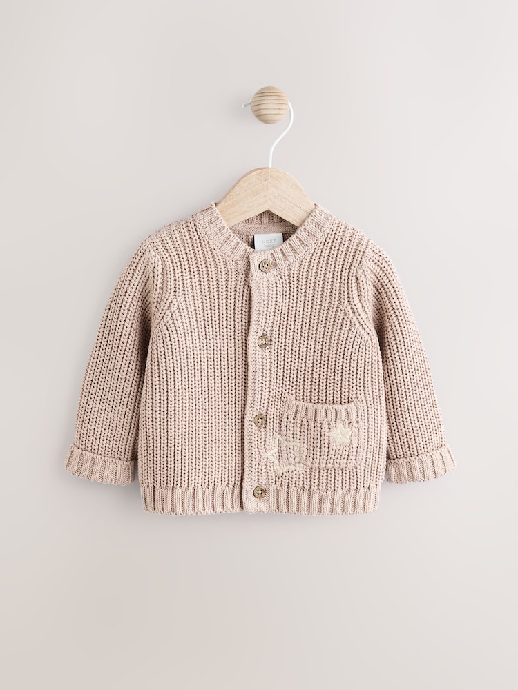 Hello World Neutral Chunky Knitted Embroidered Baby Cardigan - Image 5 of 9
