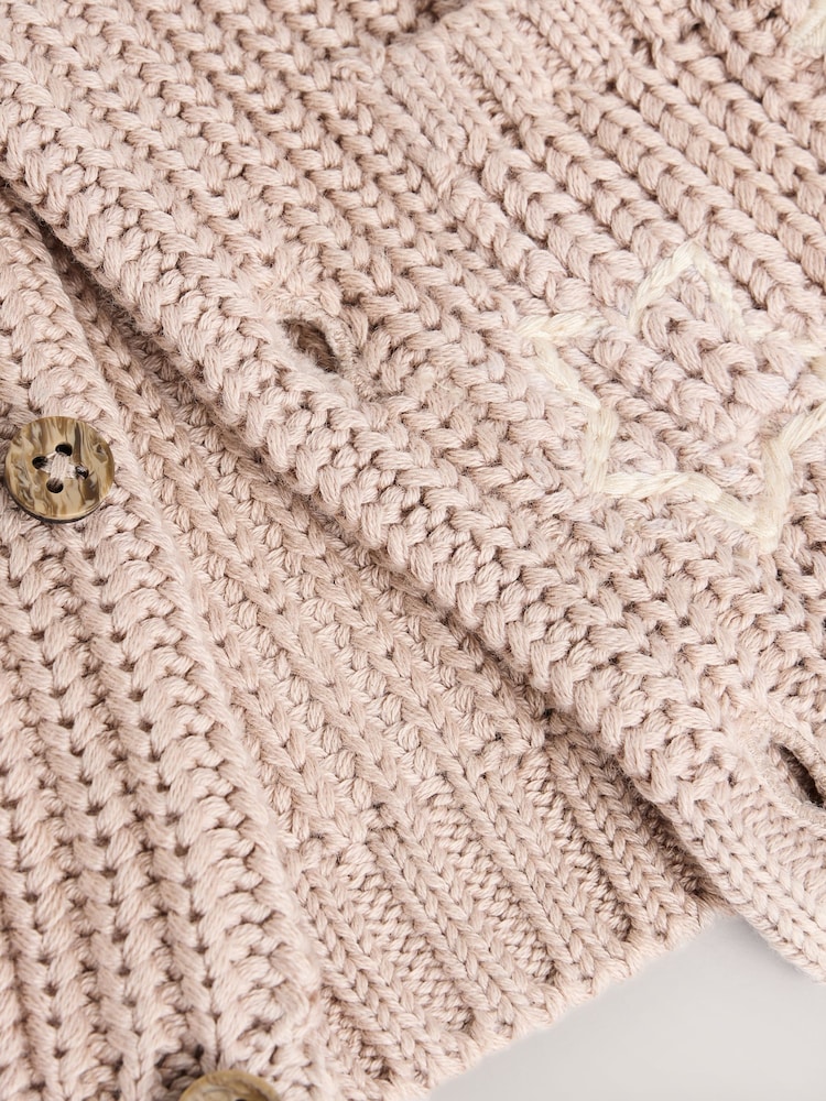 Hello World Neutral Chunky Knitted Embroidered Baby Cardigan - Image 8 of 9