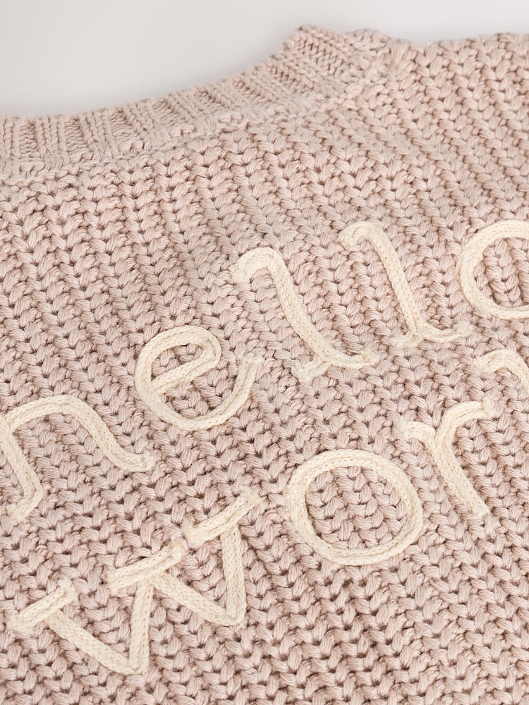 Hello World Neutral Chunky Knitted Embroidered Baby Cardigan - Image 9 of 9