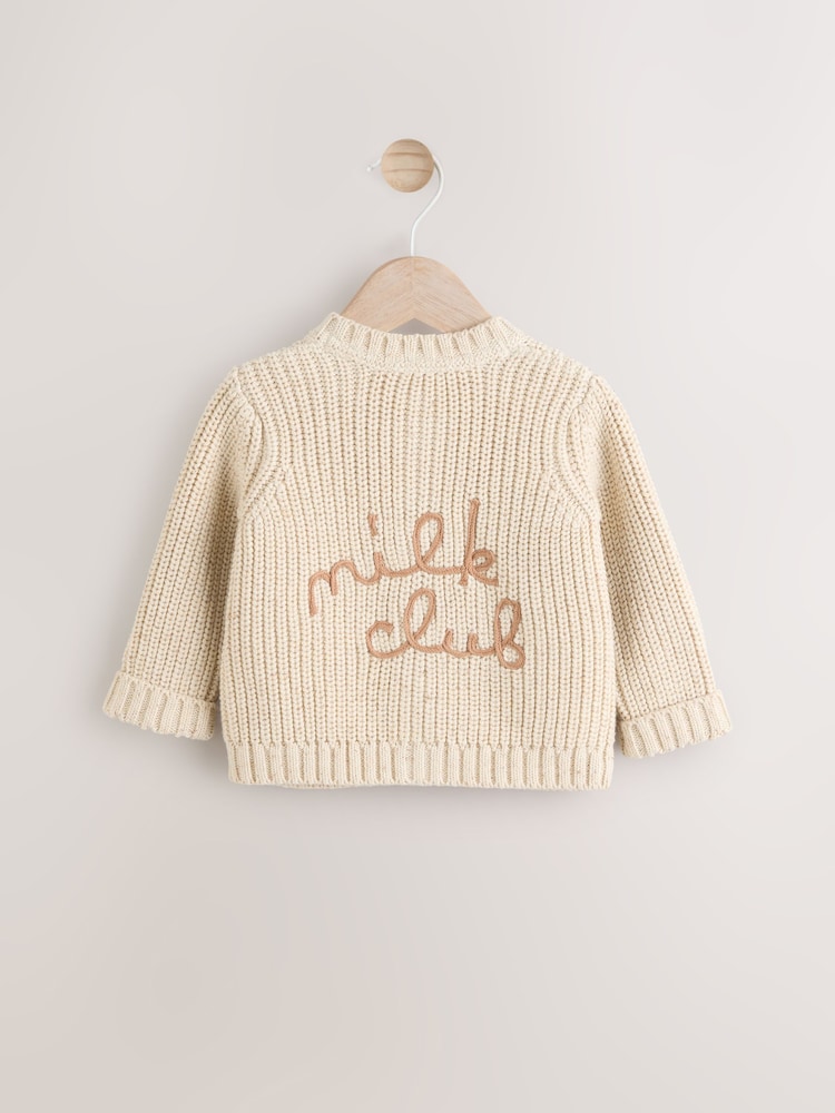 Neutral Chunky Knitted Embroidered Baby Cardigan - Image 1 of 6 Neutral Chunky Knitted Embroidered Baby Cardigan - Image 1 of 6