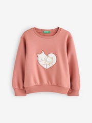 Benetton Pink Sweatshirt With Ribbed Neck Cuffs And Hem Cat Detail - Image 1 of 1