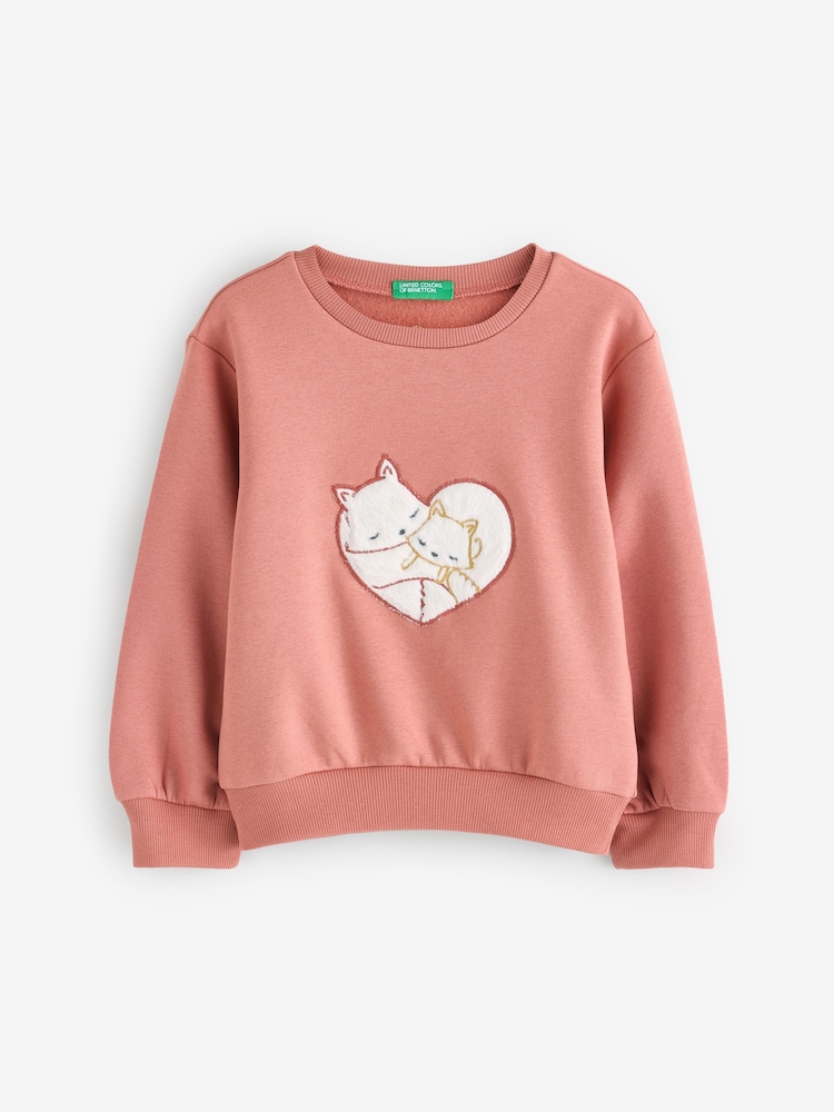 Benetton Pink Sweatshirt With Ribbed Neck Cuffs And Hem Cat Detail - Image 1 of 1