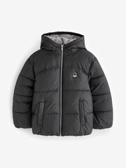 Benetton Nylon Puffer Black Jacket Eco Feather With Teddy Faux Fur Lining - Image 1 of 3