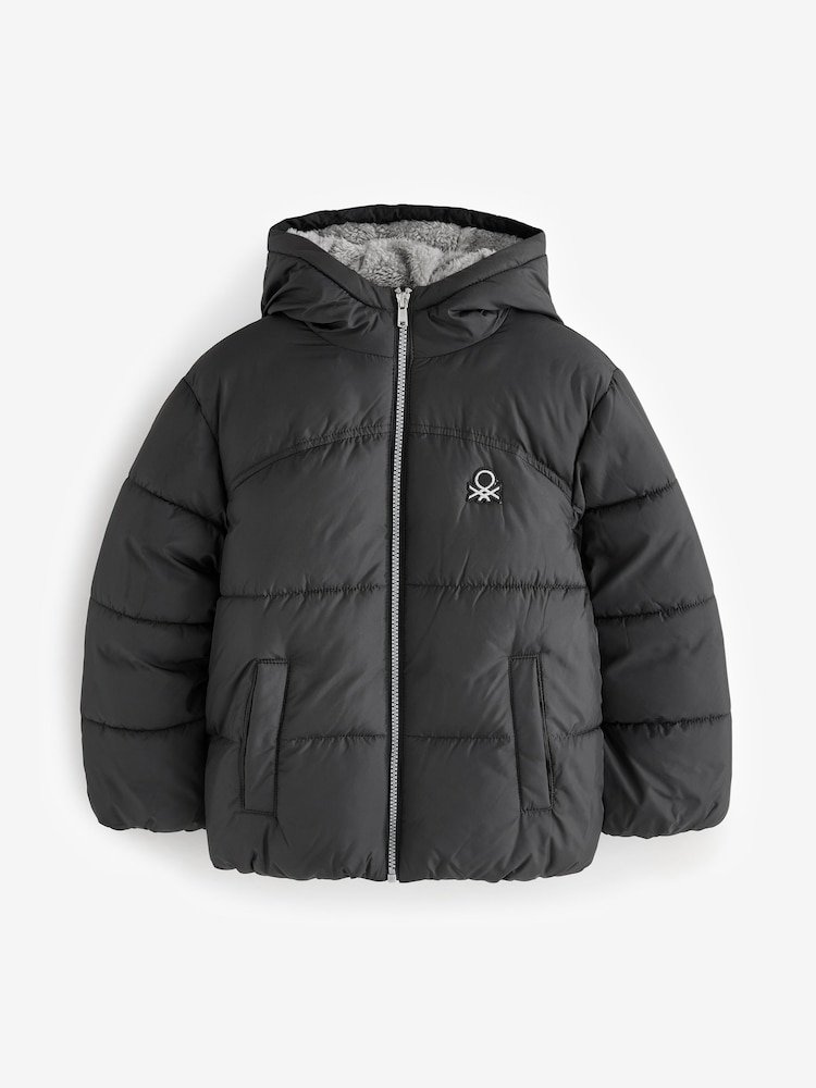 Benetton Nylon Puffer Black Jacket Eco Feather With Teddy Faux Fur Lining - Image 1 of 3