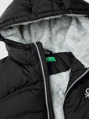 Benetton Nylon Puffer Black Jacket Eco Feather With Teddy Faux Fur Lining - Image 3 of 3
