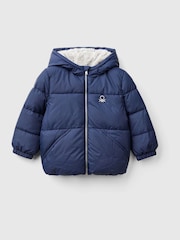 Benetton Blue Nylon Padded Jacket With Feather Teddy Faux Fur Lined Hood - Image 1 of 3