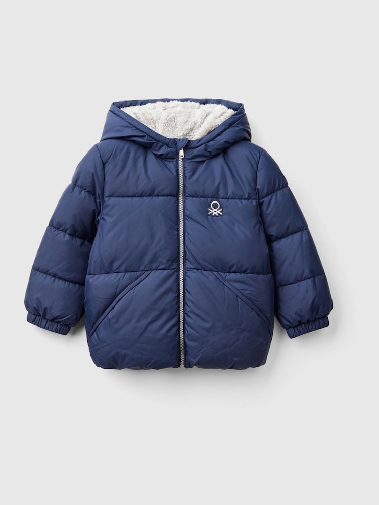Benetton Blue Nylon Padded Jacket With Feather Teddy Faux Fur Lined Hood - Image 1 of 3
