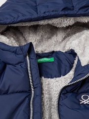 Benetton Blue Nylon Padded Jacket With Feather Teddy Faux Fur Lined Hood - Image 3 of 3