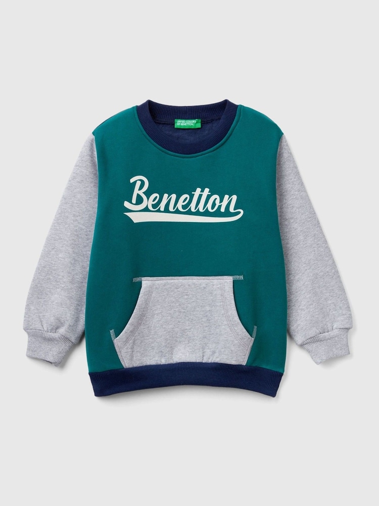 Benetton Grey Crewneck Brushed 100% Cotton Fleece Sweatshirt Ribbed Neck Cuffs - Image 1 of 3 Benetton Grey Crewneck Brushed 100% Cotton Fleece Sweatshirt Ribbed Neck Cuffs - Image 1 of 3