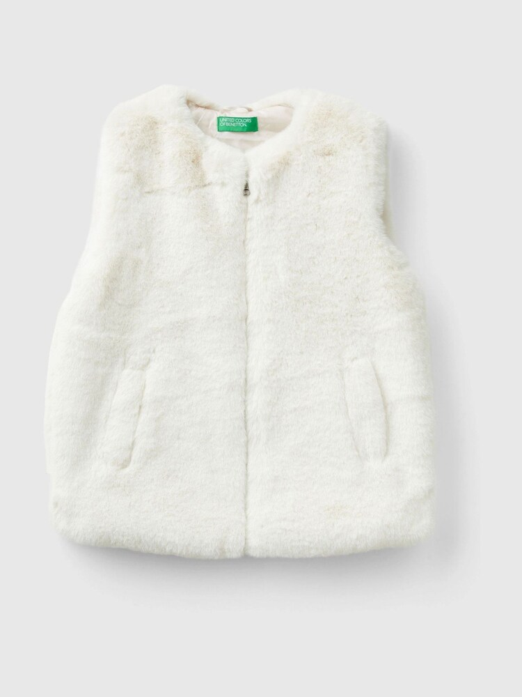 Benetton Cream Soft Faux Fur Gilet With Zip Closure - Image 1 of 3