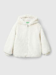 Benetton Cream Smooth Faux Fur Hooded Jacket Long Sleeved With Ribbed Cuff And Logo Zip - Image 1 of 3