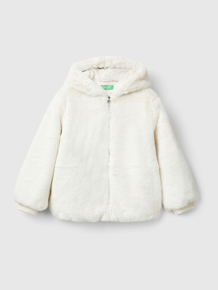 Benetton Cream Smooth Faux Fur Hooded Jacket Long Sleeved With Ribbed Cuff And Logo Zip - Image 1 of 3