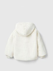 Benetton Cream Smooth Faux Fur Hooded Jacket Long Sleeved With Ribbed Cuff And Logo Zip - Image 2 of 3