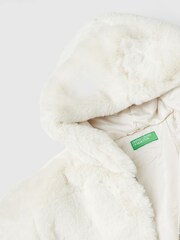 Benetton Cream Smooth Faux Fur Hooded Jacket Long Sleeved With Ribbed Cuff And Logo Zip - Image 3 of 3