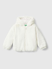 Benetton Cream Faux Fur Coat With Hood And All Over Lining - Image 1 of 3