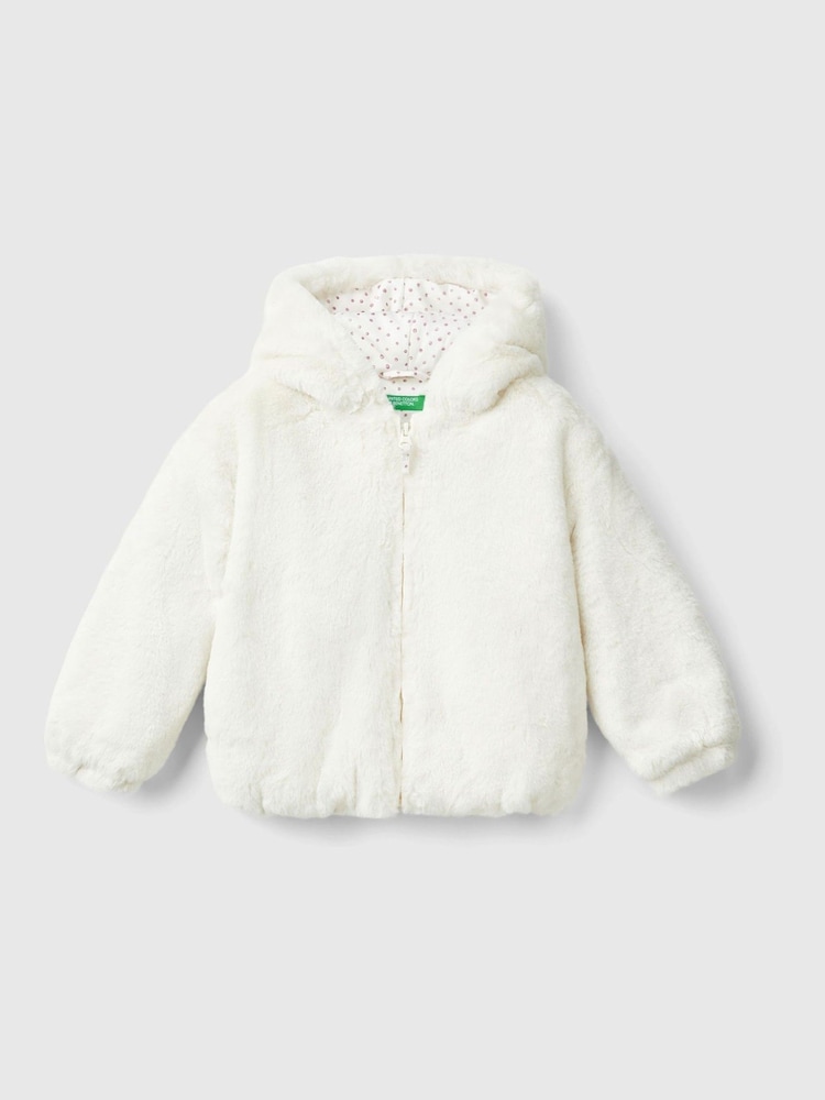 Benetton Cream Faux Fur Coat With Hood And All Over Lining - Image 1 of 3