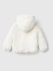 Benetton Cream Faux Fur Coat With Hood And All Over Lining - Image 2 of 3