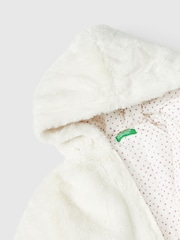 Benetton Cream Faux Fur Coat With Hood And All Over Lining - Image 3 of 3