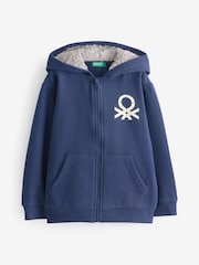 Benetton Blue Brushed Fleece Zipped Hoodie Ribbed Cuffs And Hem - Image 1 of 1