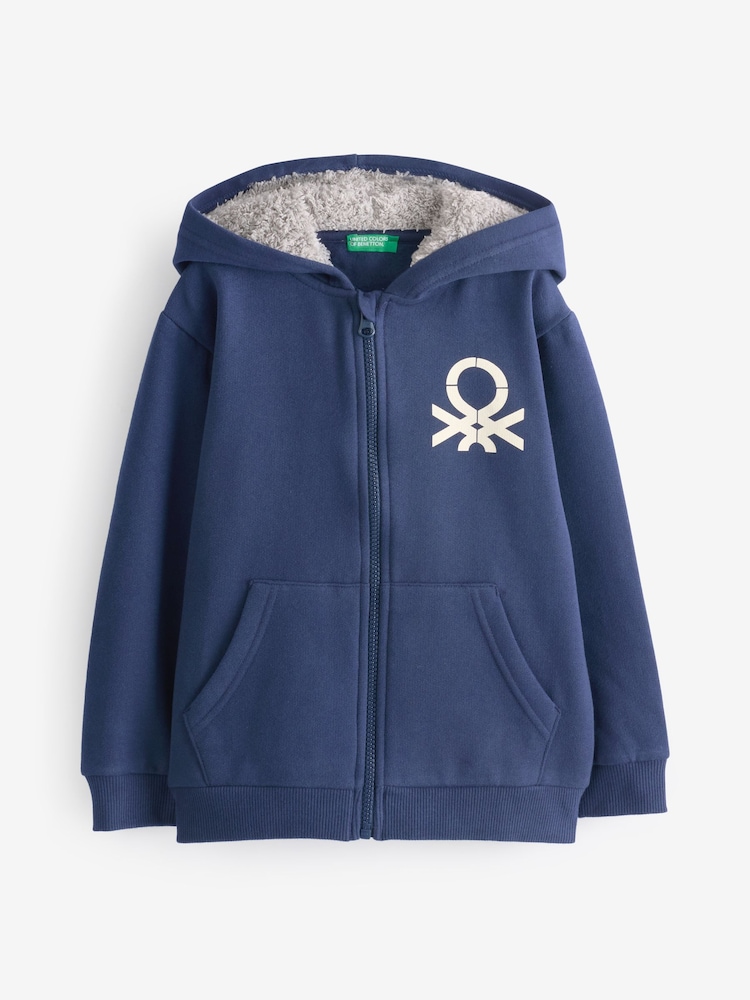 Benetton Blue Brushed Fleece Zipped Hoodie Ribbed Cuffs And Hem - Image 1 of 1