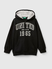 Benetton Brushed Fleece Zipped Black Hoodies Faux Fur Lined Hood - Image 1 of 3