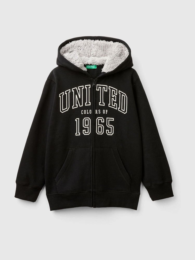 Benetton Brushed Fleece Zipped Black Hoodies Faux Fur Lined Hood - Image 1 of 3