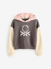 Benetton Cropped Pull On Black Hoodie Ribbed Cuffs And Hem With Sequin Embroidery On Front - Image 1 of 1