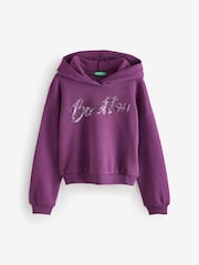 Benetton Purple Cropped Pull On Hoodie Ribbed Cuffs And Hem With Sequin Embroidery On Front - Image 1 of 1