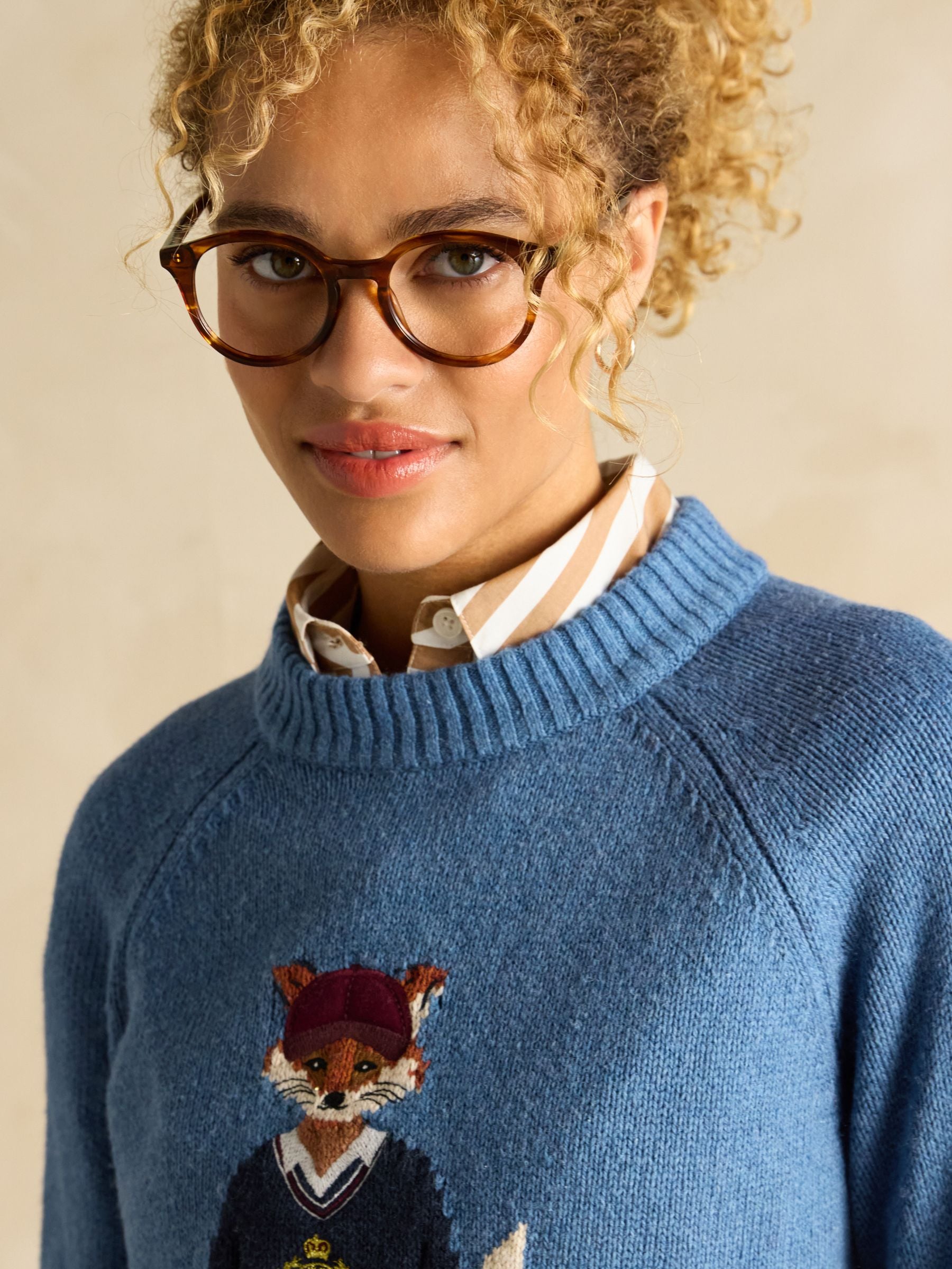 Buy Joules Blue Jonty Fox Intarsia Cotton-Rich Crew Neck Jumper