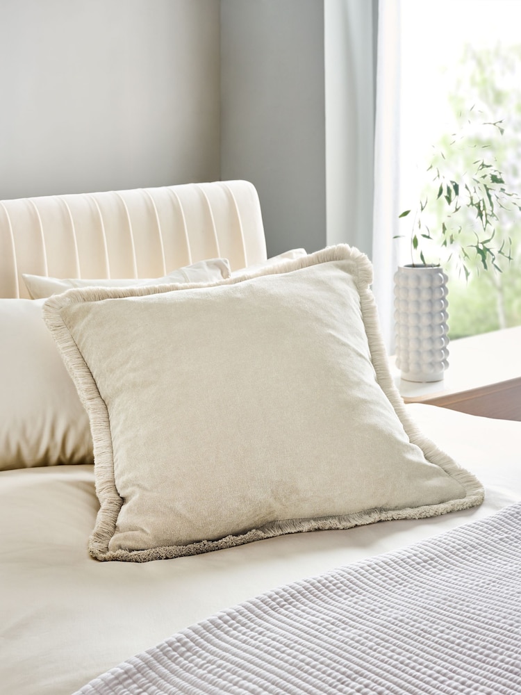 Stone Natural 59 x 59cm Soft Velour Fringe Cushion - Image 1 of 5
