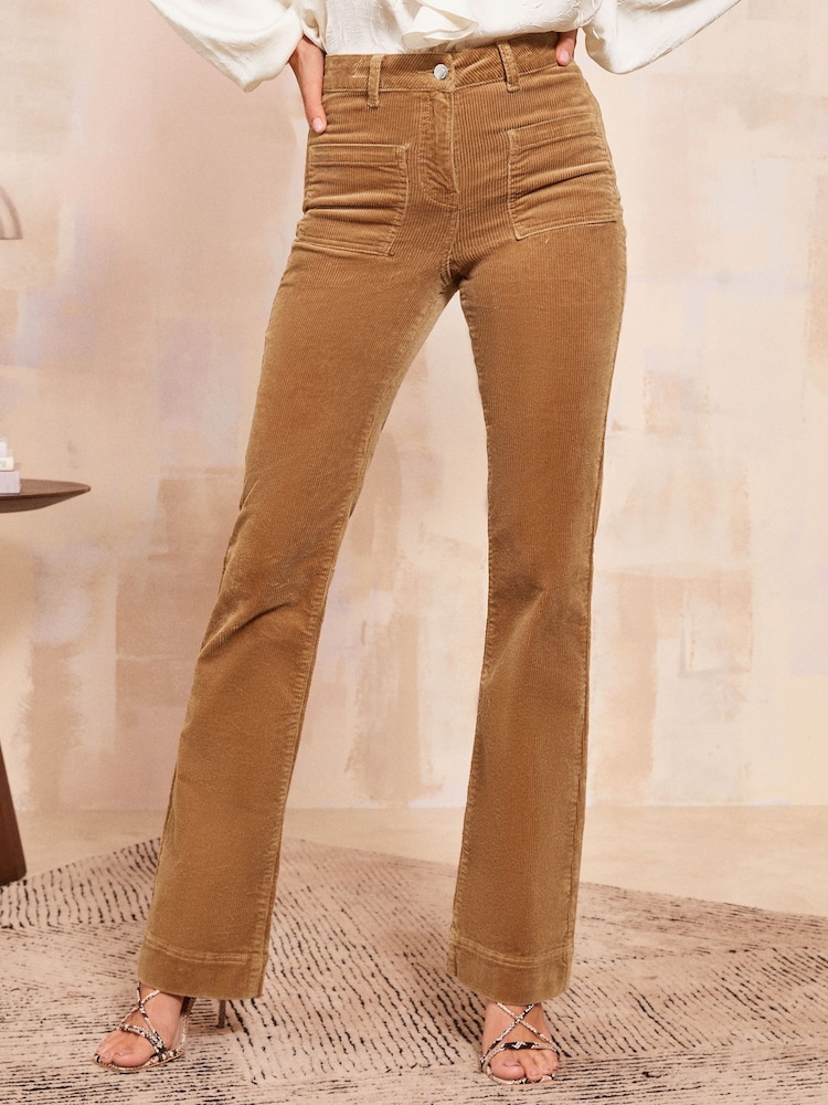 Friends Like These Brown Corduroy High Waist Pocket Flare Jeans - Image 1 of 4 Friends Like These Brown Corduroy High Waist Pocket Flare Jeans - Image 1 of 4
