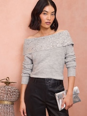 Love & Roses Grey Off The Shoulder Jumper - Image 1 of 4