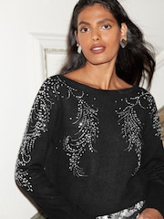 Love & Roses Black Feather Cosy Crew Neck Jumper - Image 1 of 4
