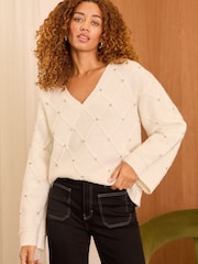 Love & Roses Ivory White V Neck Diamante Jumper - Image 1 of 4
