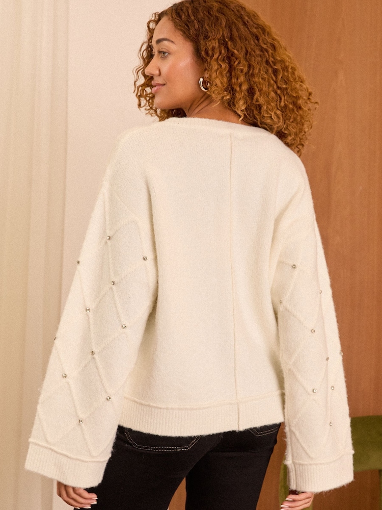 Love & Roses Ivory White V Neck Diamante Jumper - Image 4 of 4