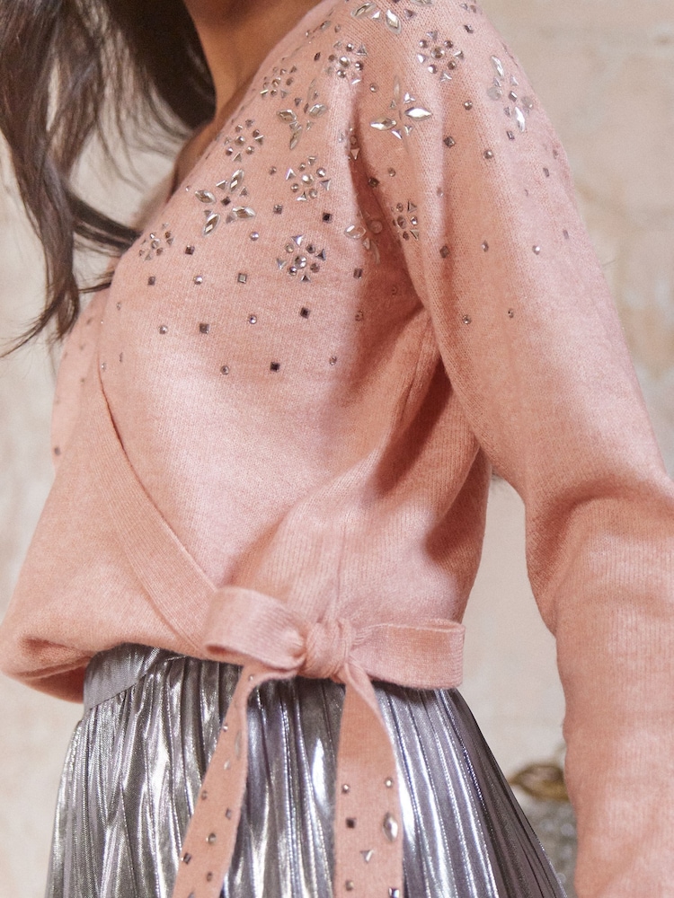 Love & Roses Pink Embellished Wrap Jumper - Image 2 of 4