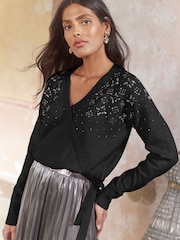 Love & Roses Black Embellished Wrap Jumper - Image 3 of 3