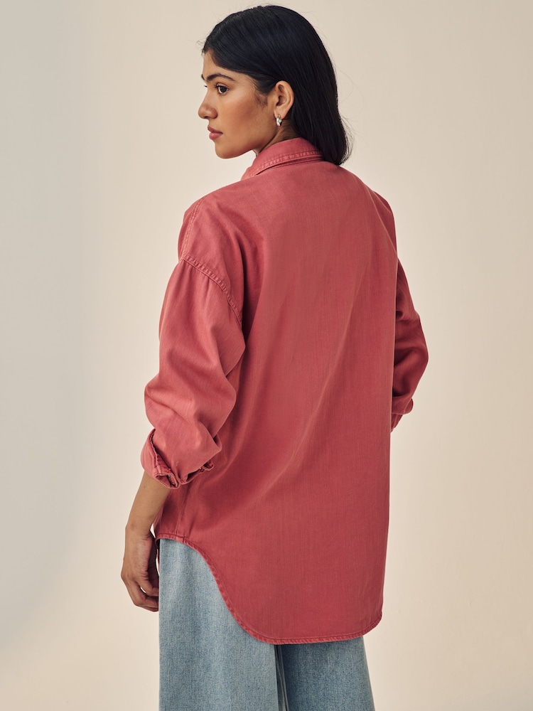 Rose Pink Print Oversized Denim 100% Cotton Shirt - Image 3 of 4