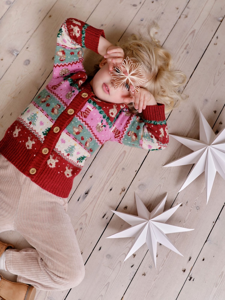 JoJo Maman Bébé Christmas Festive Friends Fairisle Pattern Cardigan - Image 1 of 4