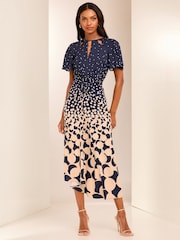 Lipsy Navy Ruched Front Keyhole Cut Out Asymmetrical Midi Dress - Image 1 of 4