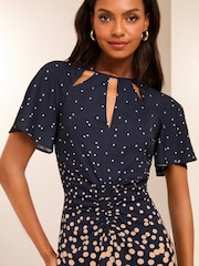Lipsy Navy Ruched Front Keyhole Cut Out Asymmetrical Midi Dress - Image 3 of 4