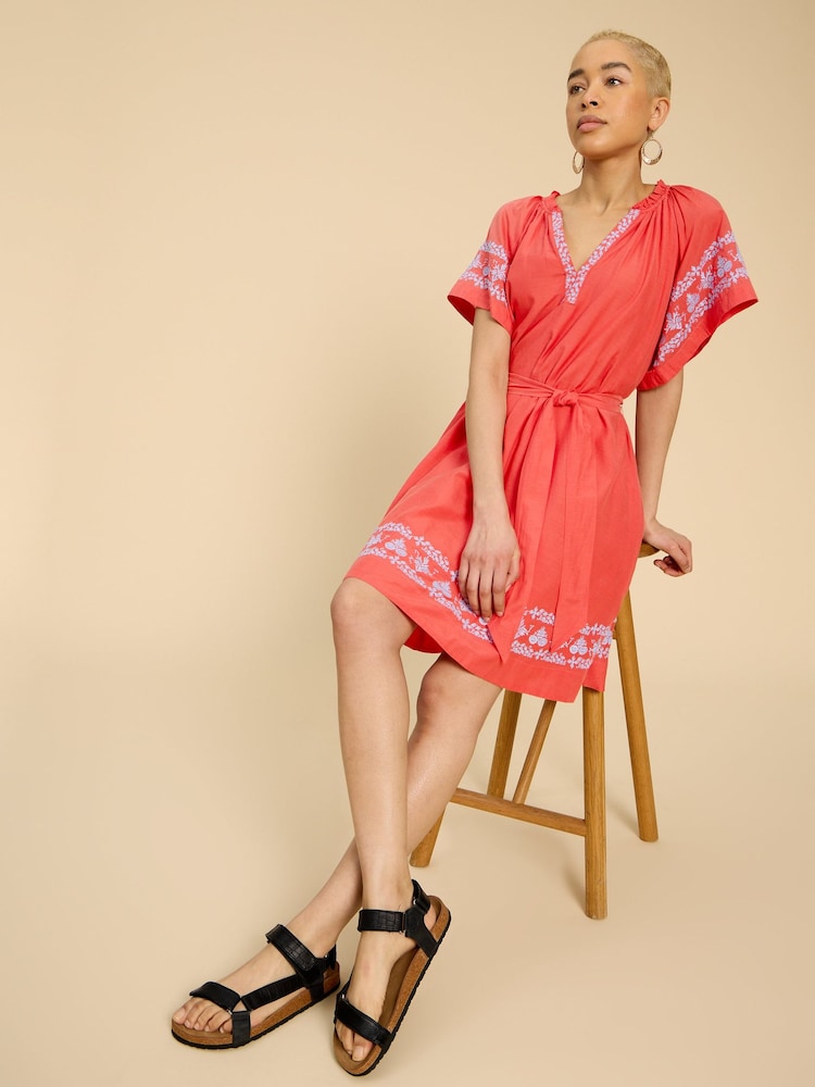 White Stuff Orange Anna Cotton Embroidered Dress - Image 2 of 7 White Stuff Orange Anna Cotton Embroidered Dress - Image 2 of 7