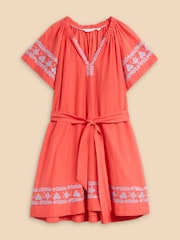 White Stuff Orange Anna Cotton Embroidered Dress - Image 5 of 7