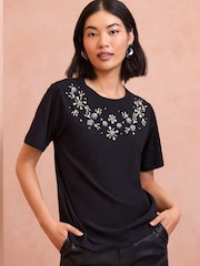 Love & Roses Black Embellished Jersey T-Shirt - Image 1 of 4
